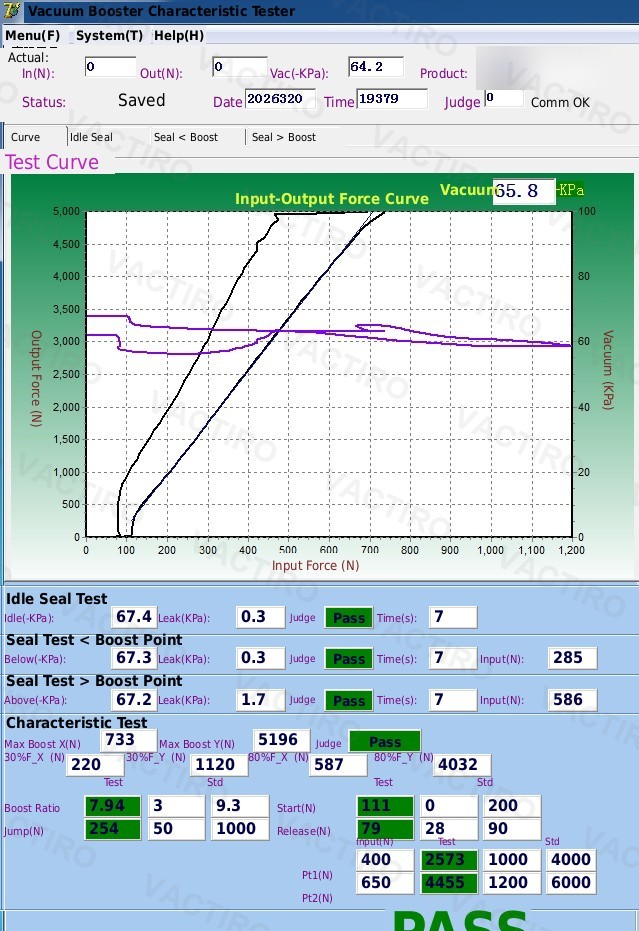 Vacuum booster characteristic test bench result — PASS