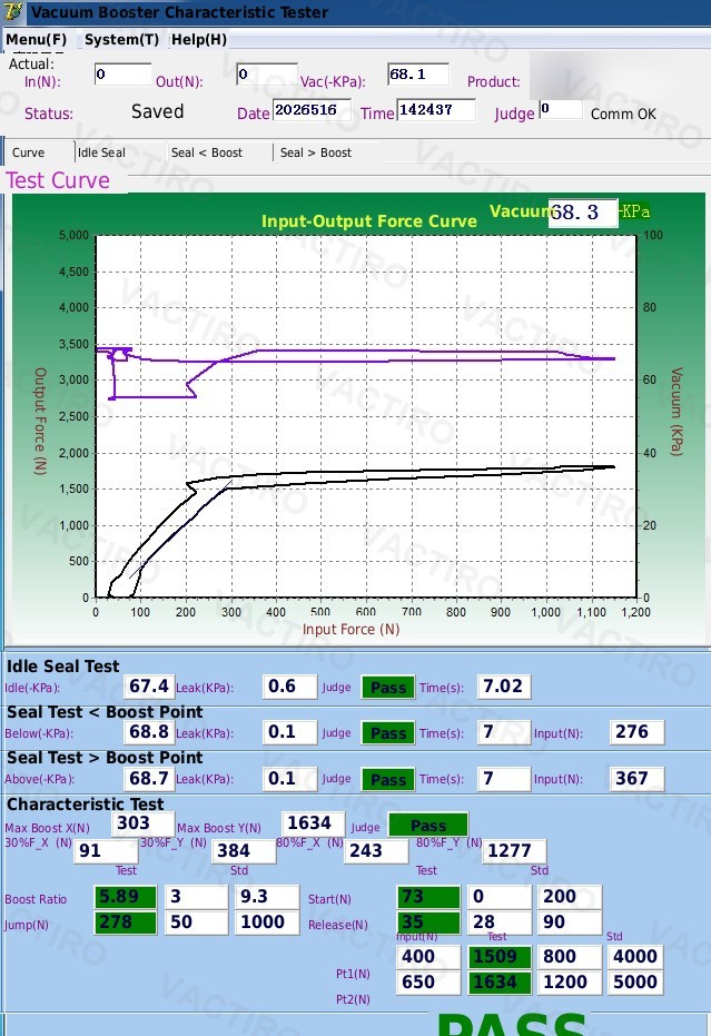 Vacuum booster characteristic test bench result — PASS